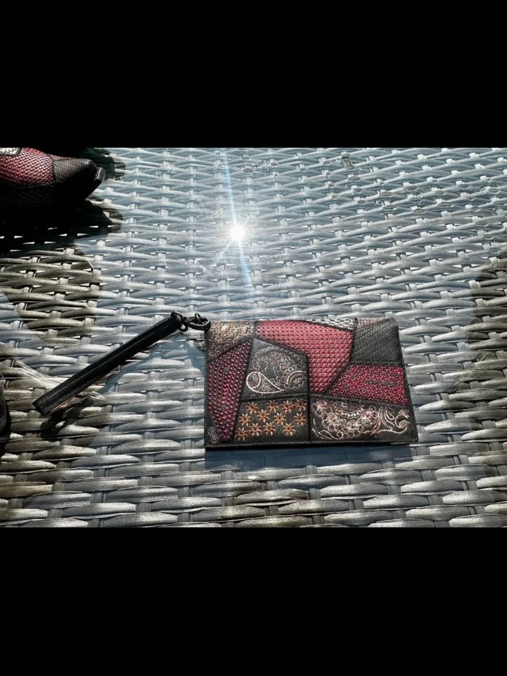 Patchwork Tote and matching wallet Black and Burgundy with Mixed Textue